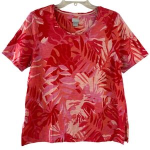 Chicos Womens Tropical Leaf Print Short Sleeve Top Chicos 1 (M) Vibrant Red Pink